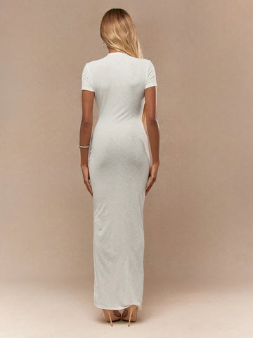 MISSGUIDED Semi Sheer Textured Short Sleeves Ruched Waist Side Thigh High Slit Maxi Dress