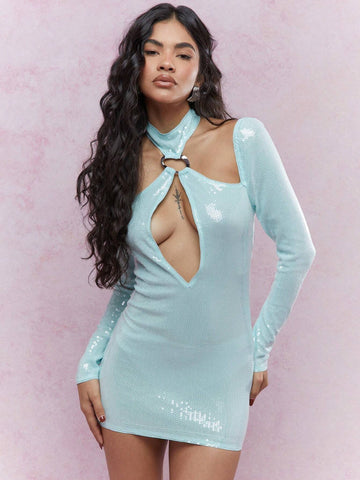 MISSGUIDED Sequin Cut-Out Halter Neck Long Sleeves Bodycon Maxi Dress