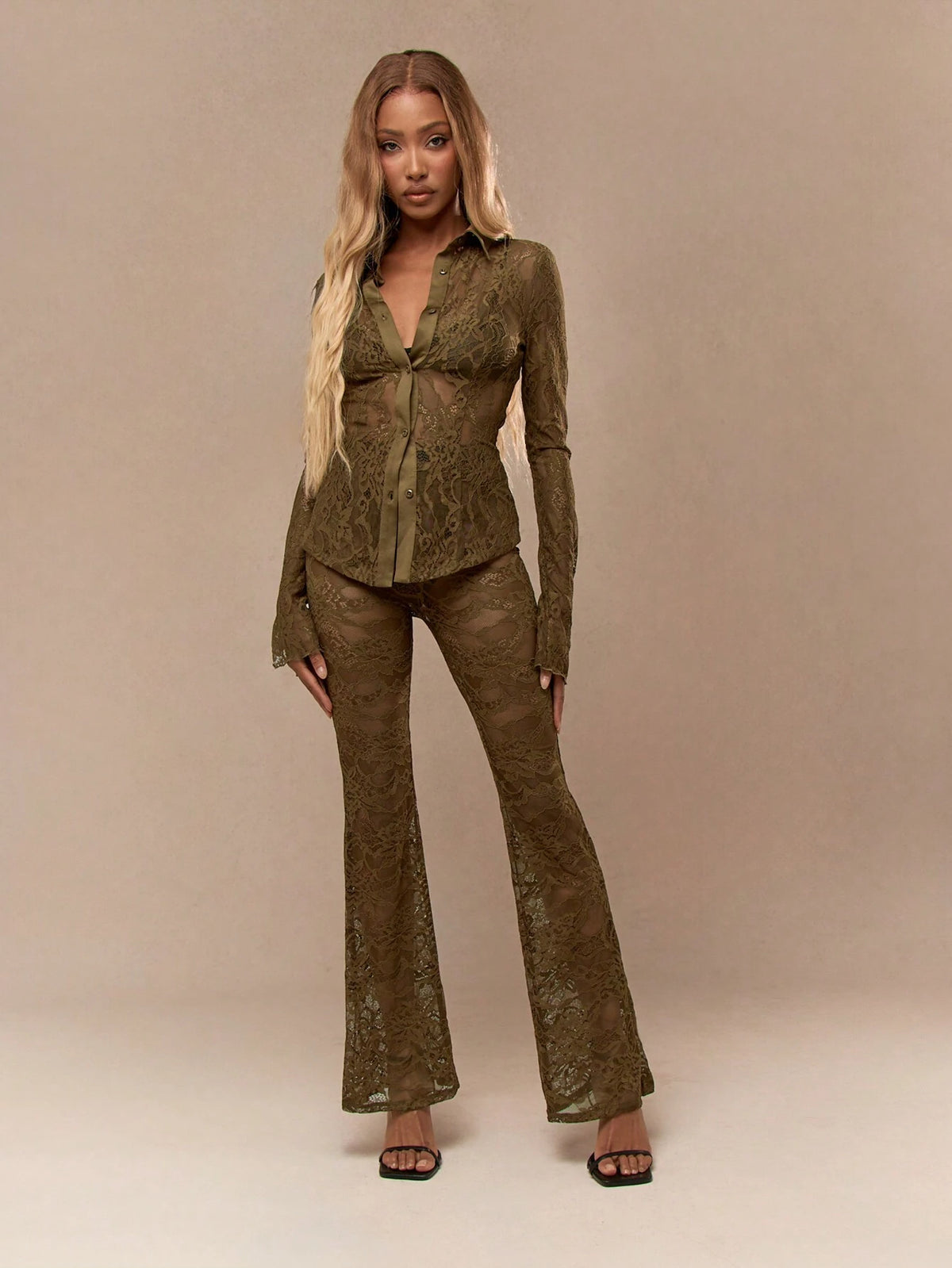 MISSGUIDED Sheer Lace Long Sleeves Collared Fitted Shirt ANd Flare Hem Pants Two Piece Co-Ord Set