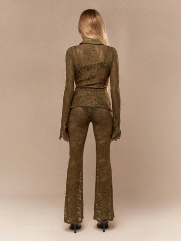 MISSGUIDED Sheer Lace Long Sleeves Collared Fitted Shirt ANd Flare Hem Pants Two Piece Co-Ord Set