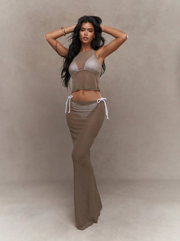 MISSGUIDED Sheer Mesh Sleeveless Top And Flared Maxi Skirt Co-Ord Set