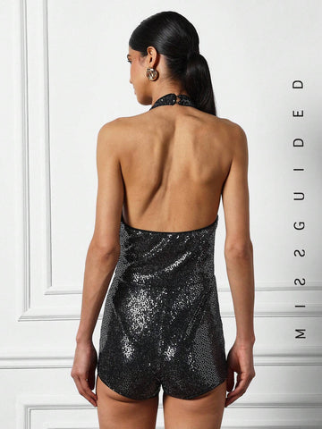 MISSGUIDED Shimmer Metal Clasp Halter Neck Playsuit