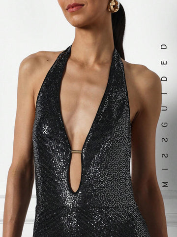 MISSGUIDED Shimmer Metal Clasp Halter Neck Playsuit
