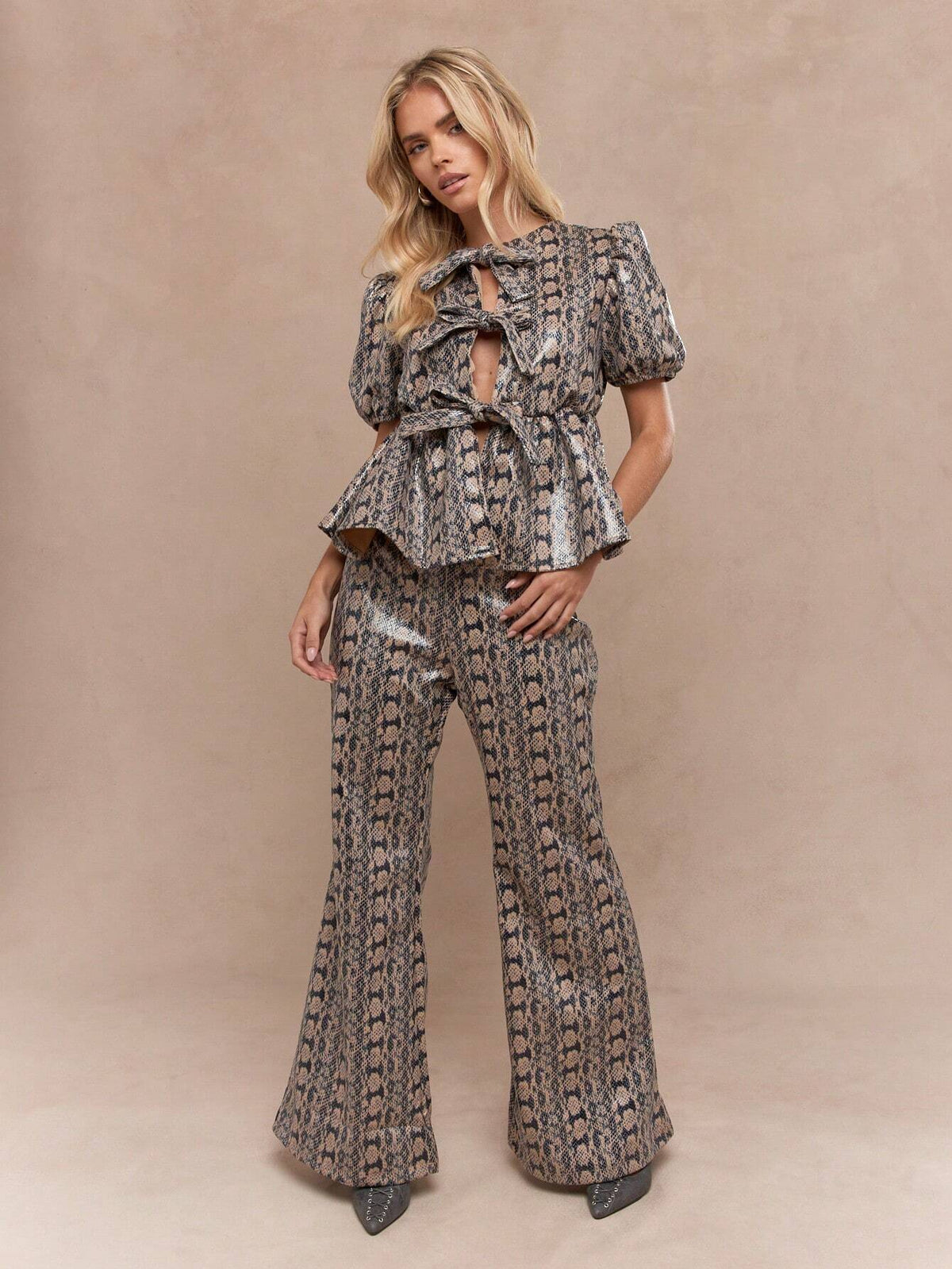 MISSGUIDED Snake Print Faux Leather Knot Detail Front Balloon Sleeves Peplum Top And Wide Leg Pants Two Piece Co-Ord Set