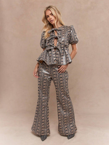 MISSGUIDED Snake Print Faux Leather Knot Detail Front Balloon Sleeves Peplum Top And Wide Leg Pants Two Piece Co-Ord Set