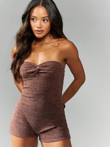 MISSGUIDED Strapless Twist Front Ribbed Bodysuit Romper Summer Playsuit Ruched BAndeau Short Jumpsuit Beach Festival Clubwear Streetwear Dance Performance Workout Athleisure