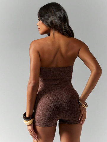 MISSGUIDED Strapless Twist Front Ribbed Bodysuit Romper Summer Playsuit Ruched BAndeau Short Jumpsuit Beach Festival Clubwear Streetwear Dance Performance Workout Athleisure