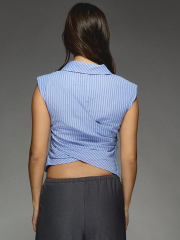 Stripe Collar Wrap Around Crop Shirt Blouse