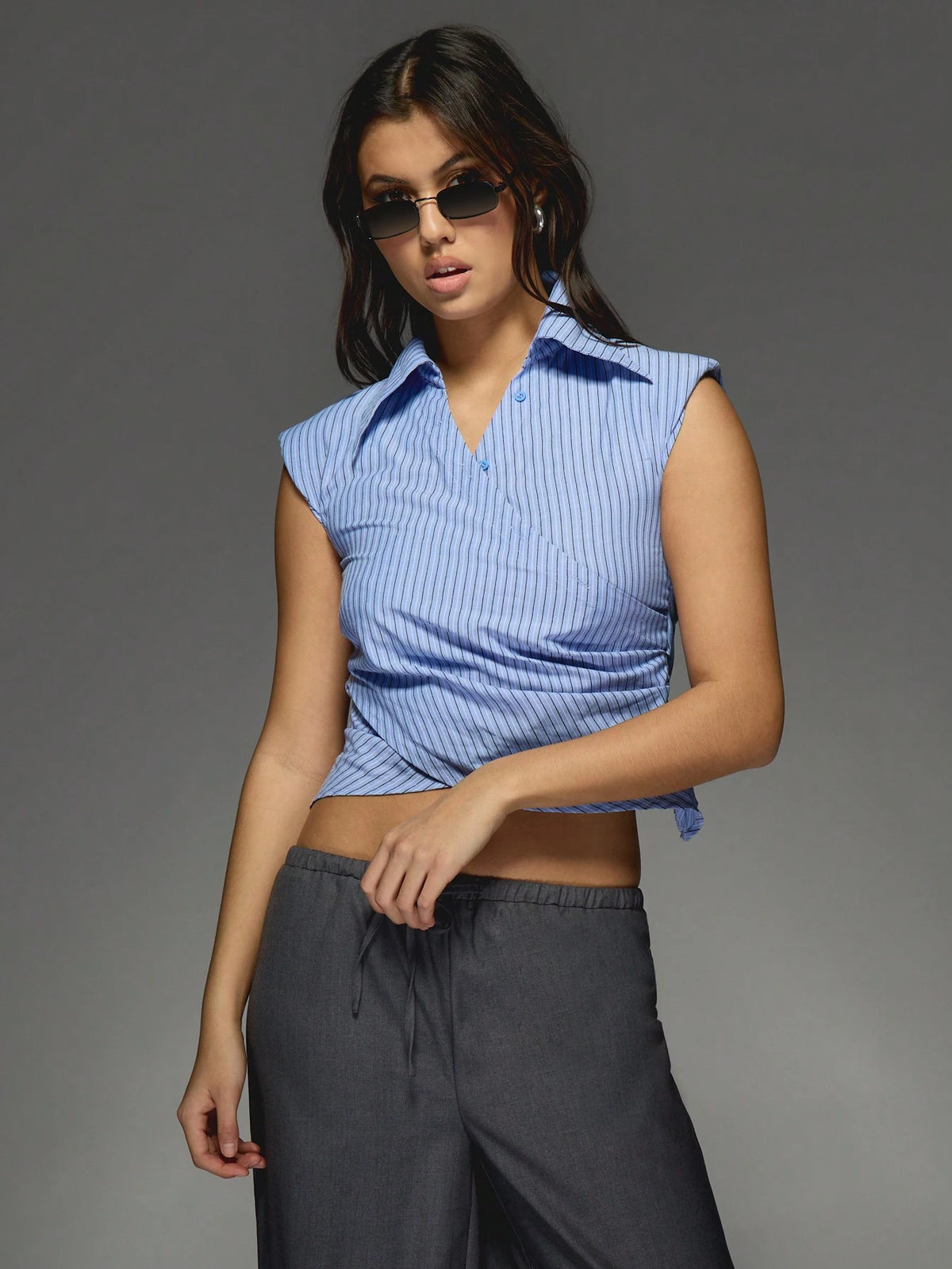 Stripe Collar Wrap Around Crop Shirt Blouse