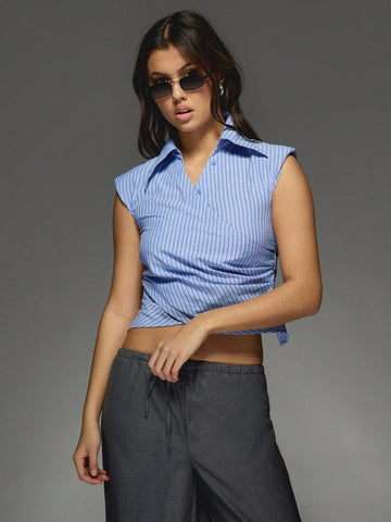 Stripe Collar Wrap Around Crop Shirt Blouse