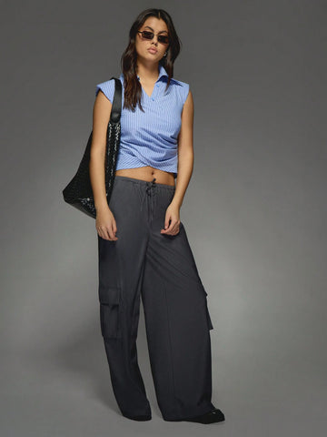 Stripe Collar Wrap Around Crop Shirt Blouse