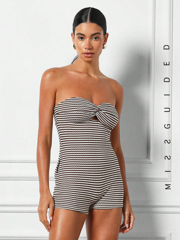 MISSGUIDED Striped Bandeau Knot Detail Playsuit
