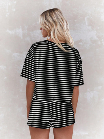 MISSGUIDED Striped Print Drop Shoulder T-Shirt And Shorts Co-Ord Set