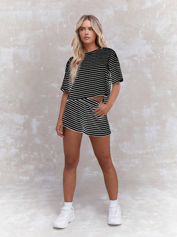 MISSGUIDED Striped Print Drop Shoulder T-Shirt And Shorts Co-Ord Set