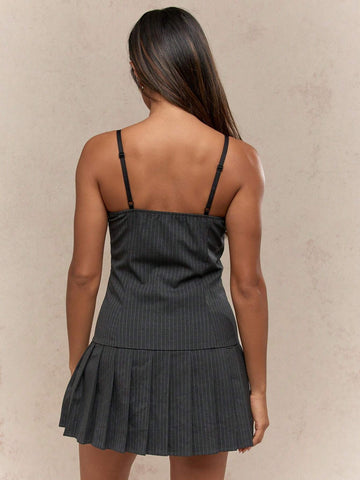MISSGUIDED Striped Tailored Adjustable Spaghetti Straps Pleated Hem Mini Dress