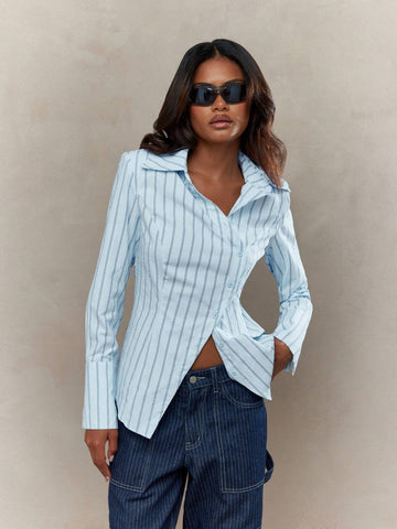 MISSGUIDED Stripes Asymmetric Button Fitted Shirt Blouse