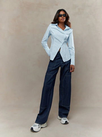 MISSGUIDED Stripes Asymmetric Button Fitted Shirt Blouse