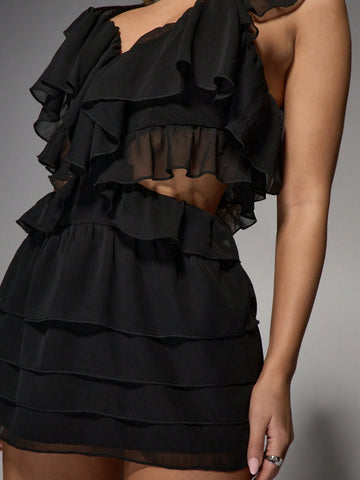 MISSGUIDED Sweetheart Neck Cut Out Ruffle Mini Dress