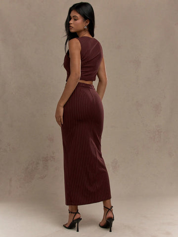 MISSGUIDED Tailored Pinstripe Buttoned Sleeveless Vest Top And Front Slit Maxi Skirt Two Piece Co-Ord Set