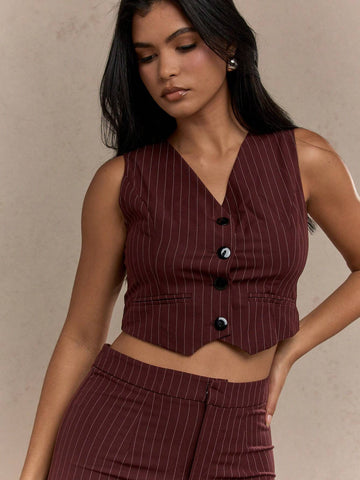 MISSGUIDED Tailored Pinstripe Buttoned Sleeveless Vest Top And Front Slit Maxi Skirt Two Piece Co-Ord Set