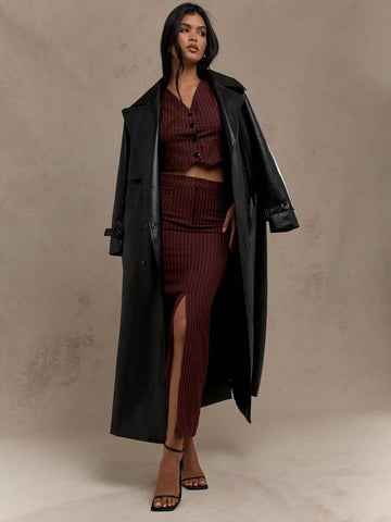 MISSGUIDED Tailored Pinstripe Buttoned Sleeveless Vest Top And Front Slit Maxi Skirt Two Piece Co-Ord Set