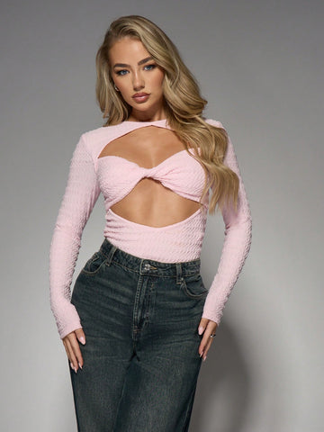 MISSGUIDED Textured Ruched Detail Cut Out Long Sleeves Bodysuit