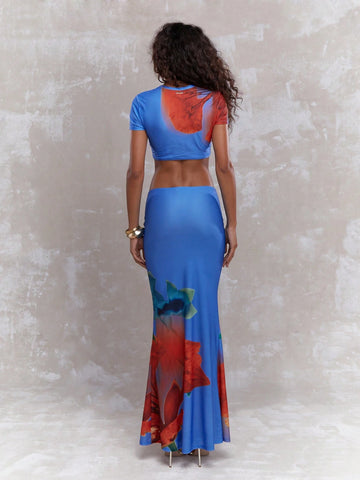 MISSGUIDED Tropical Print High Neck Short Sleeve Crop Fitted T-Shirt And Flared Maxi Skirt Co-Ord Set