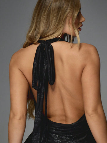 MISSGUIDED Velour Deep Plunge Halter Neck Backless Ruched Mini Dress