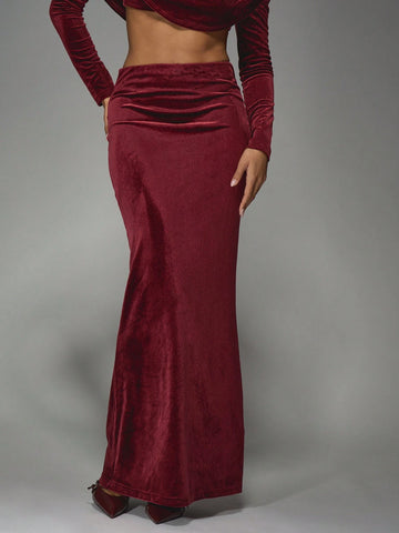 MISSGUIDED Velvet Low Rise Ruched Waist Fishtail Maxi Skirt