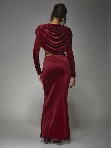 MISSGUIDED Velvet Low Rise Ruched Waist Fishtail Maxi Skirt