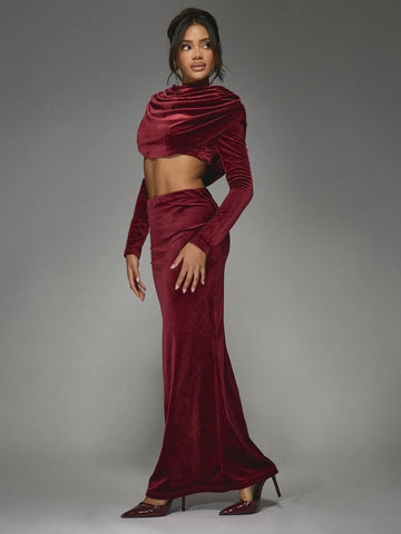 MISSGUIDED Velvet Low Rise Ruched Waist Fishtail Maxi Skirt