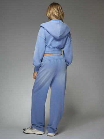 MISSGUIDED Washed Denim Look Fitted Waist Zip Through Crop Hoodie And Wide Leg Sweatpants Two Piece Co Ord Tracksuit