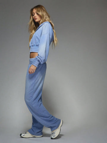 MISSGUIDED Washed Denim Look Fitted Waist Zip Through Crop Hoodie And Wide Leg Sweatpants Two Piece Co Ord Tracksuit