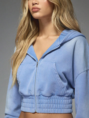 MISSGUIDED Washed Denim Look Fitted Waist Zip Through Crop Hoodie And Wide Leg Sweatpants Two Piece Co Ord Tracksuit
