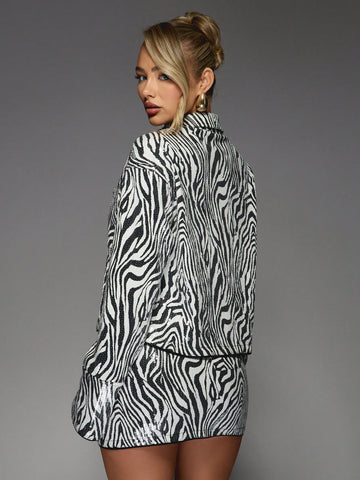 MISSGUIDED Zebra Sequin Long Sleeve Shirt And Bodycon Mini Skirt Two Piece Co Ord Set
