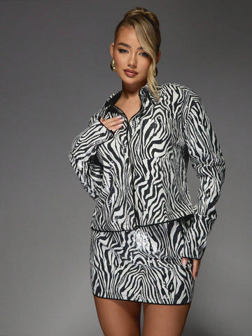 MISSGUIDED Zebra Sequin Long Sleeve Shirt And Bodycon Mini Skirt Two Piece Co Ord Set