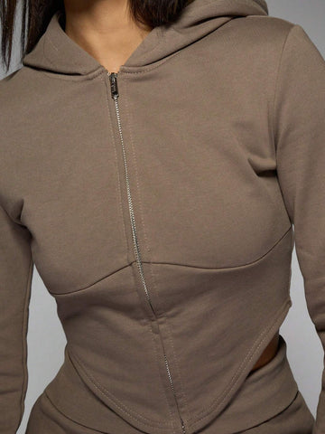 MISSGUIDED Zip Through Long Sleeve Fitted Crop Hoodie & Fold Over Waist Flared Hem Joggers Two Piece Co Ord Set