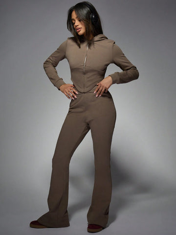 MISSGUIDED Zip Through Long Sleeve Fitted Crop Hoodie & Fold Over Waist Flared Hem Joggers Two Piece Co Ord Set