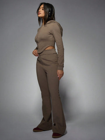 MISSGUIDED Zip Through Long Sleeve Fitted Crop Hoodie & Fold Over Waist Flared Hem Joggers Two Piece Co Ord Set