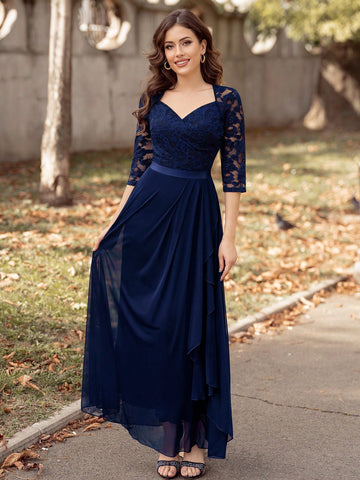 MIUSOL Adult Women's Lace Patchwork Cape Design Long Sleeve Dress With Fitted Waist, Suitable For Bridesmaid Dress