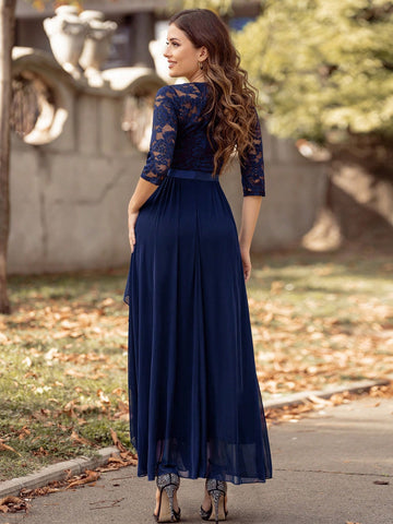 MIUSOL Adult Women's Lace Patchwork Cape Design Long Sleeve Dress With Fitted Waist, Suitable For Bridesmaid Dress