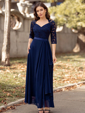 MIUSOL Adult Women's Lace Patchwork Cape Design Long Sleeve Dress With Fitted Waist, Suitable For Bridesmaid Dress