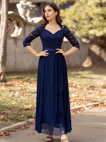 MIUSOL Adult Women's Lace Patchwork Cape Design Long Sleeve Dress With Fitted Waist, Suitable For Bridesmaid Dress