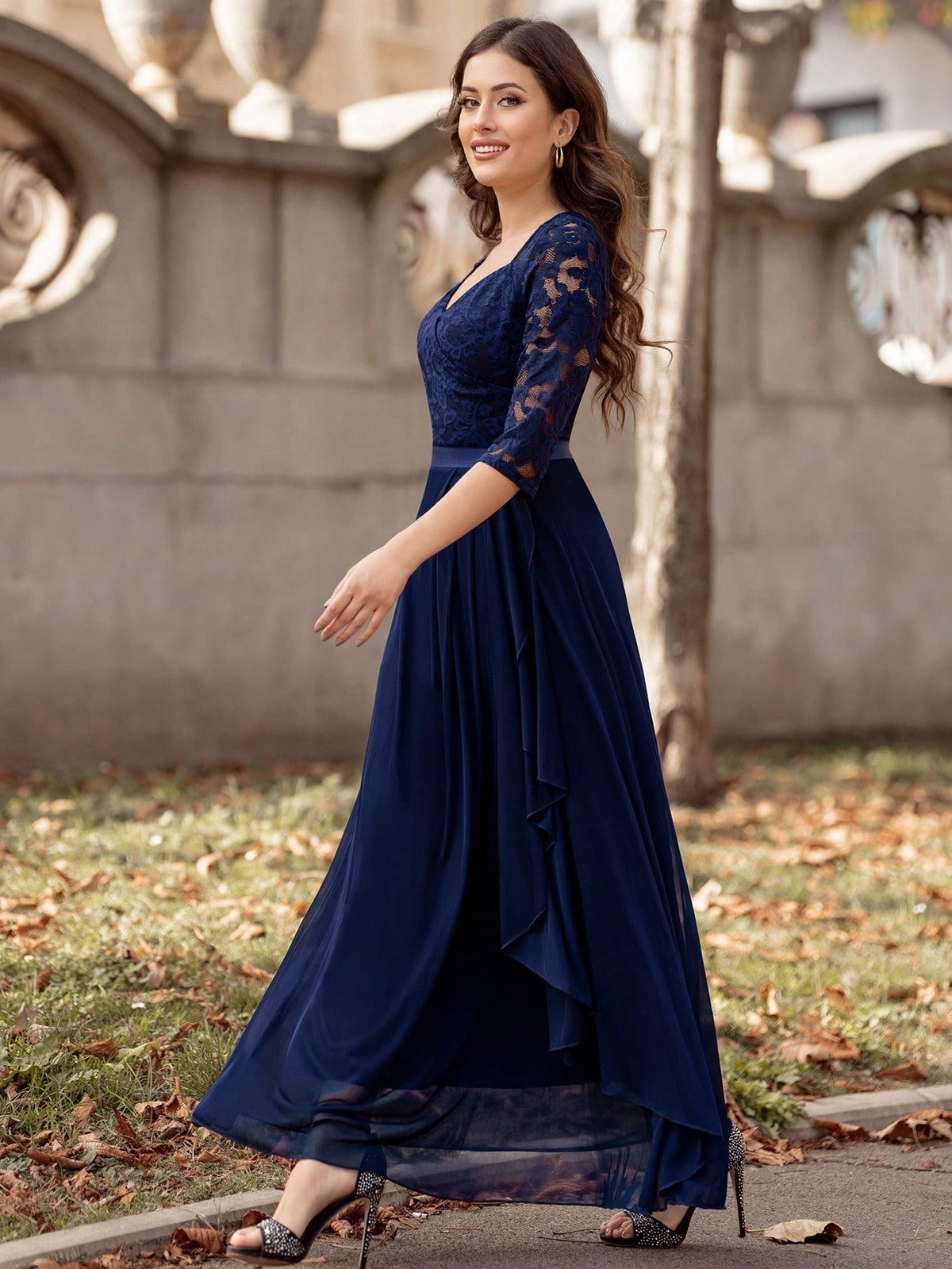 MIUSOL Adult Women's Lace Patchwork Cape Design Long Sleeve Dress With Fitted Waist, Suitable For Bridesmaid Dress