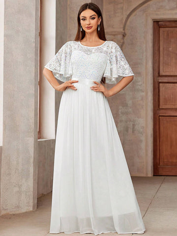 MIUSOL Butterfly Sleeve Sequin Insert Lace Chiffon Formal Party Long Dress