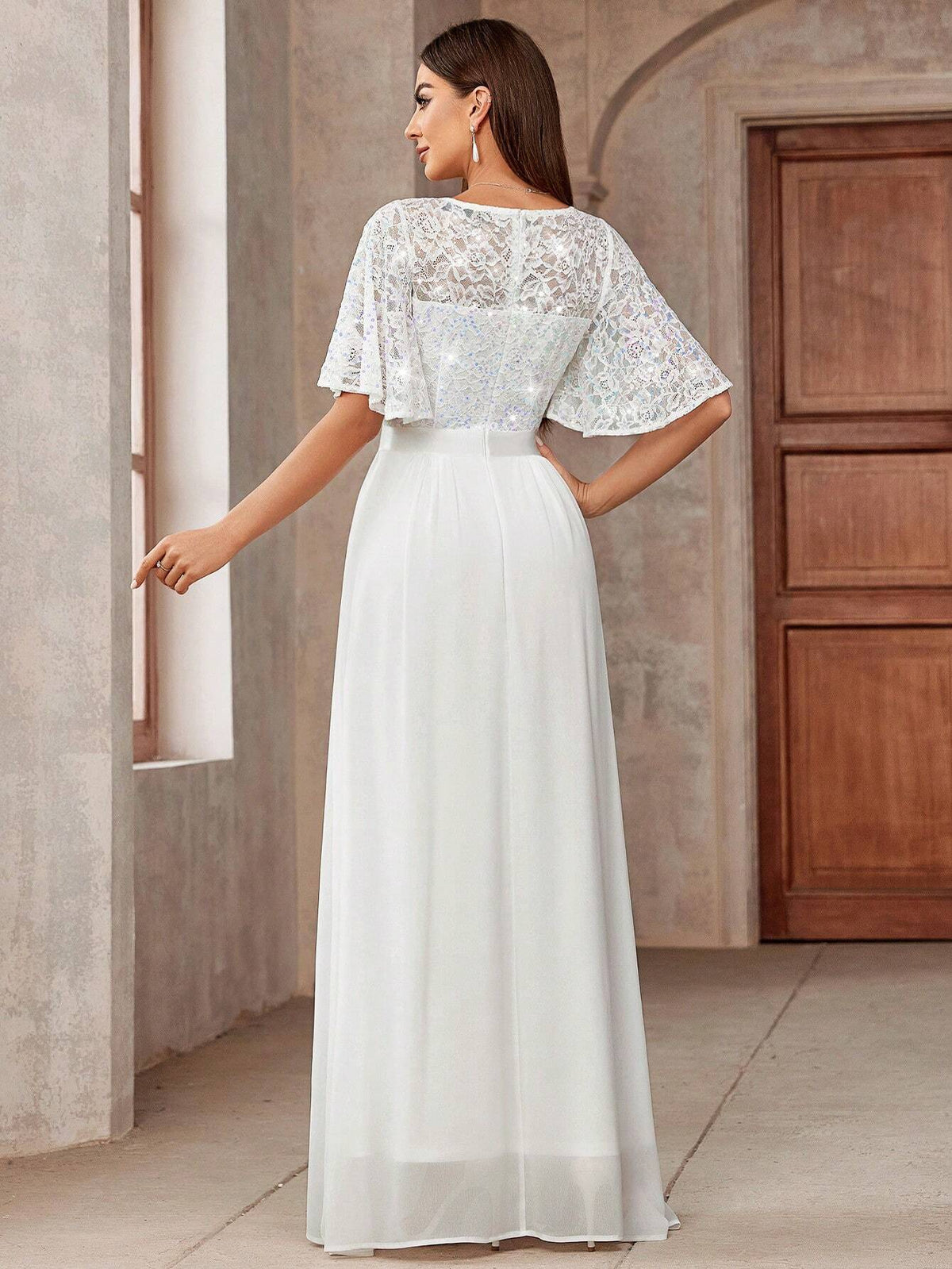 MIUSOL Butterfly Sleeve Sequin Insert Lace Chiffon Formal Party Long Dress