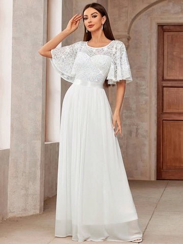 MIUSOL Butterfly Sleeve Sequin Insert Lace Chiffon Formal Party Long Dress