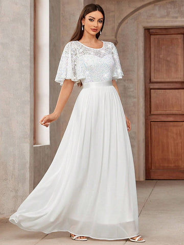 MIUSOL Butterfly Sleeve Sequin Insert Lace Chiffon Formal Party Long Dress