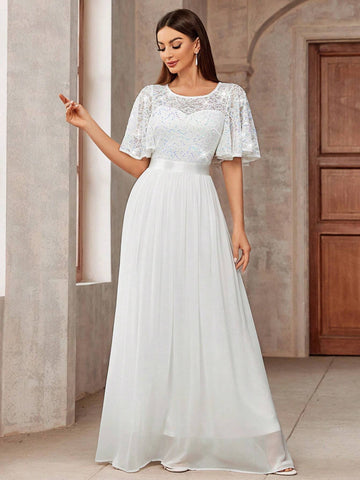 MIUSOL Butterfly Sleeve Sequin Insert Lace Chiffon Formal Party Long Dress