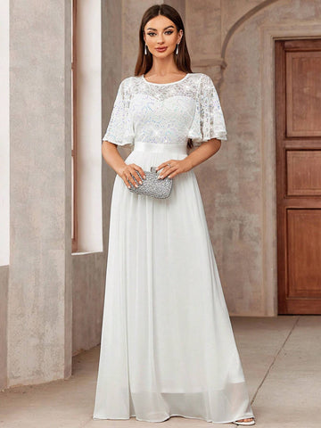 MIUSOL Butterfly Sleeve Sequin Insert Lace Chiffon Formal Party Long Dress